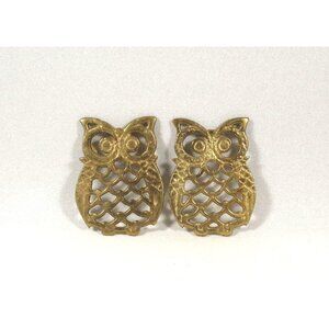 Set of 2 Vintage Brass Owl Trivets Metal Hot Pads Wall Hanger Retro Bird Coaster